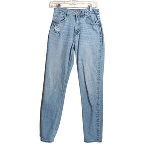 American Eagle Mom Jeans Womens 2 Long Light Wash Stretch Distressed Pockets